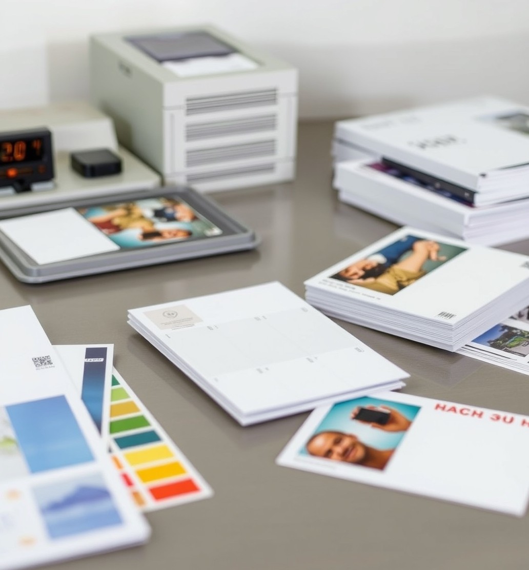 How to Handle Presort Basics For Postcards Without USPS Mistakes: a color-matching review with swatches and postcard proofs on a desk.
