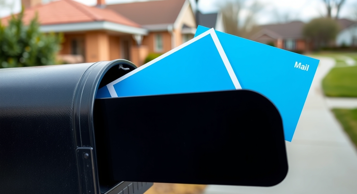 Drop Shipping Mail For Postcards Rules Explained for Marketing Teams: a postcard going into a residential mailbox with a neighborhood background.