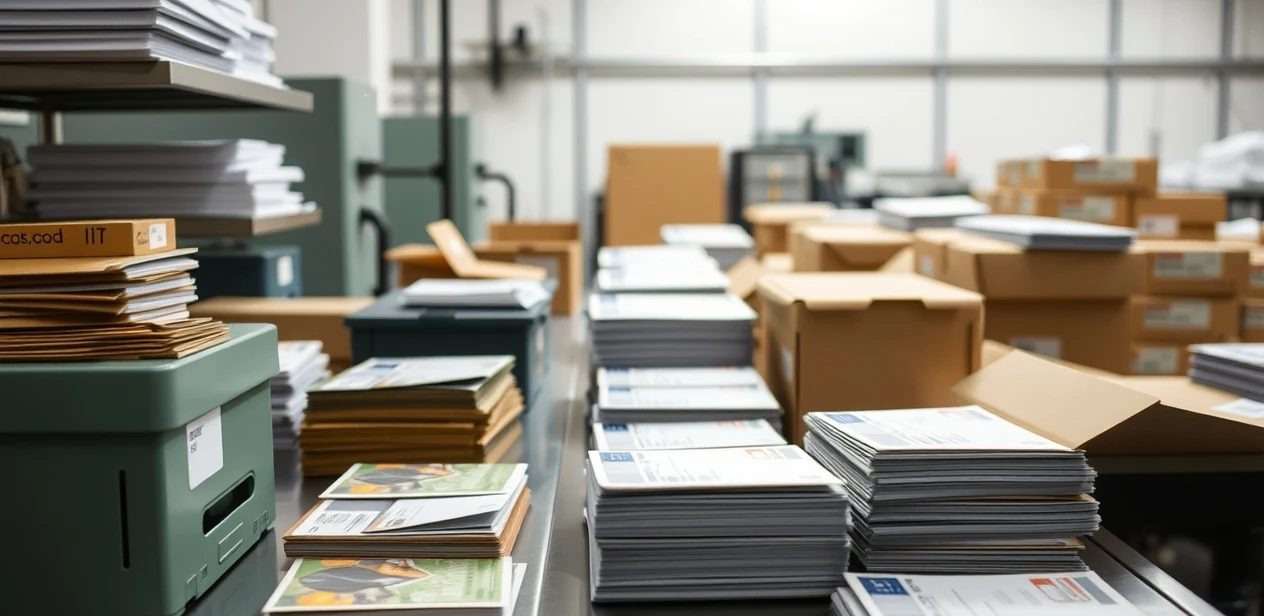 Drop Shipping Mail For Postcards Rules Explained for Marketing Teams: a mail prep station with finished postcards, labels, and packing materials.