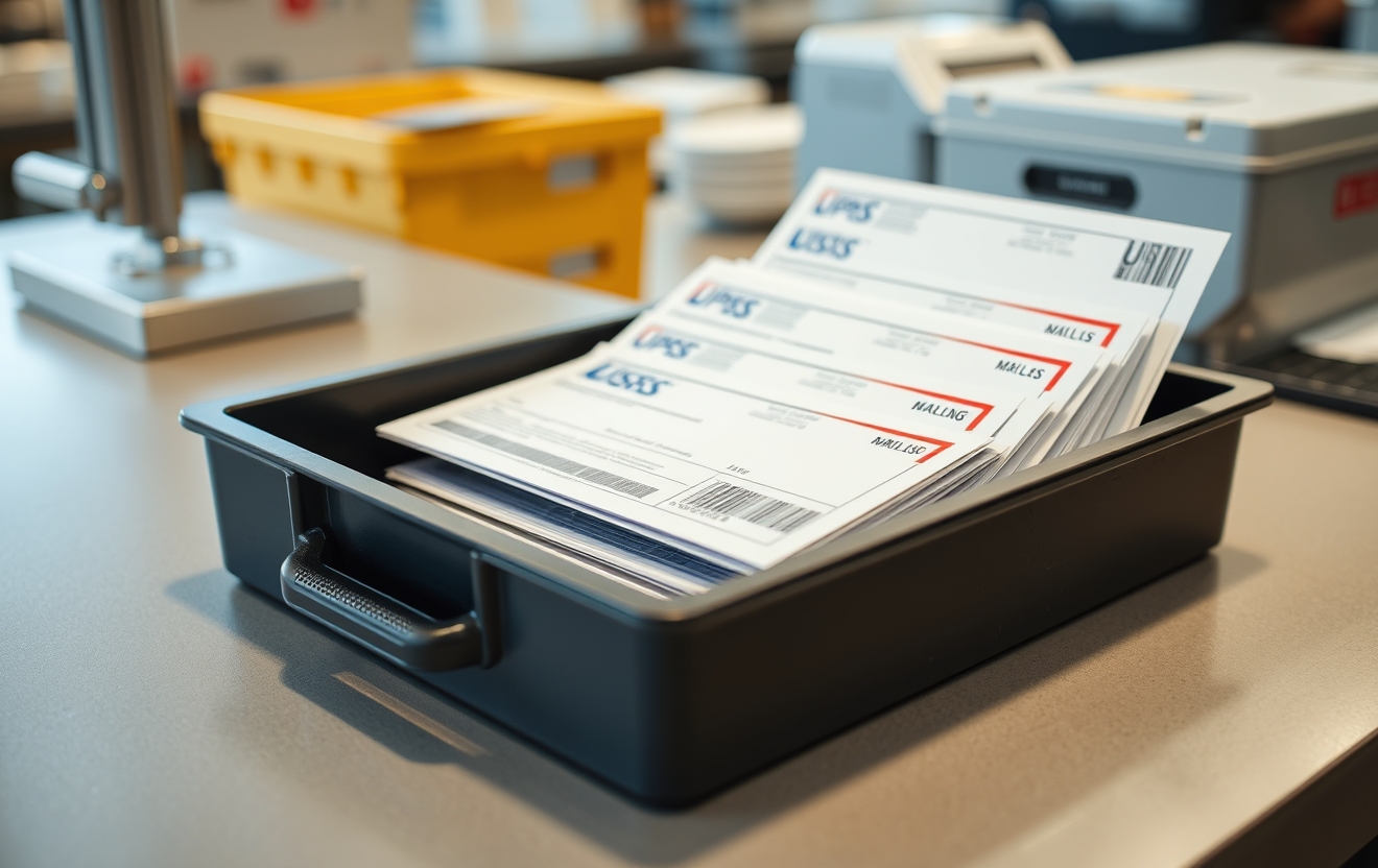 International Mailing Rules For Postcards: The Practical Mailing Guide for Postcards: a USPS tray holding postcard mail pieces at a counter.