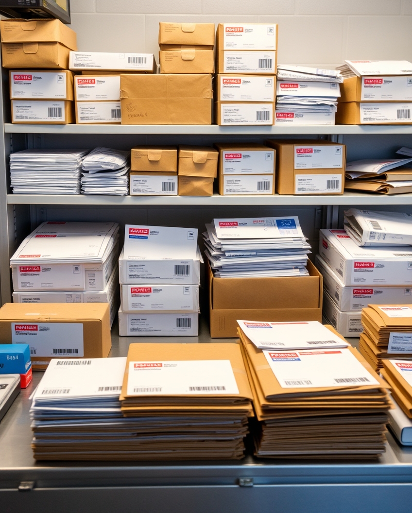 International Mailing Rules For Postcards: The Practical Mailing Guide for Postcards: a mail prep station with finished postcards, labels, and packing materials.