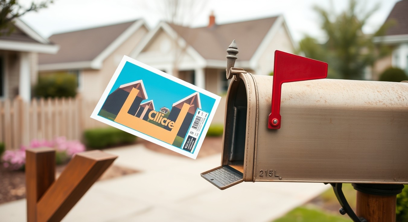 Oversized Postcard Postage Rules Explained for Marketing Teams: a postcard going into a residential mailbox with a neighborhood background.