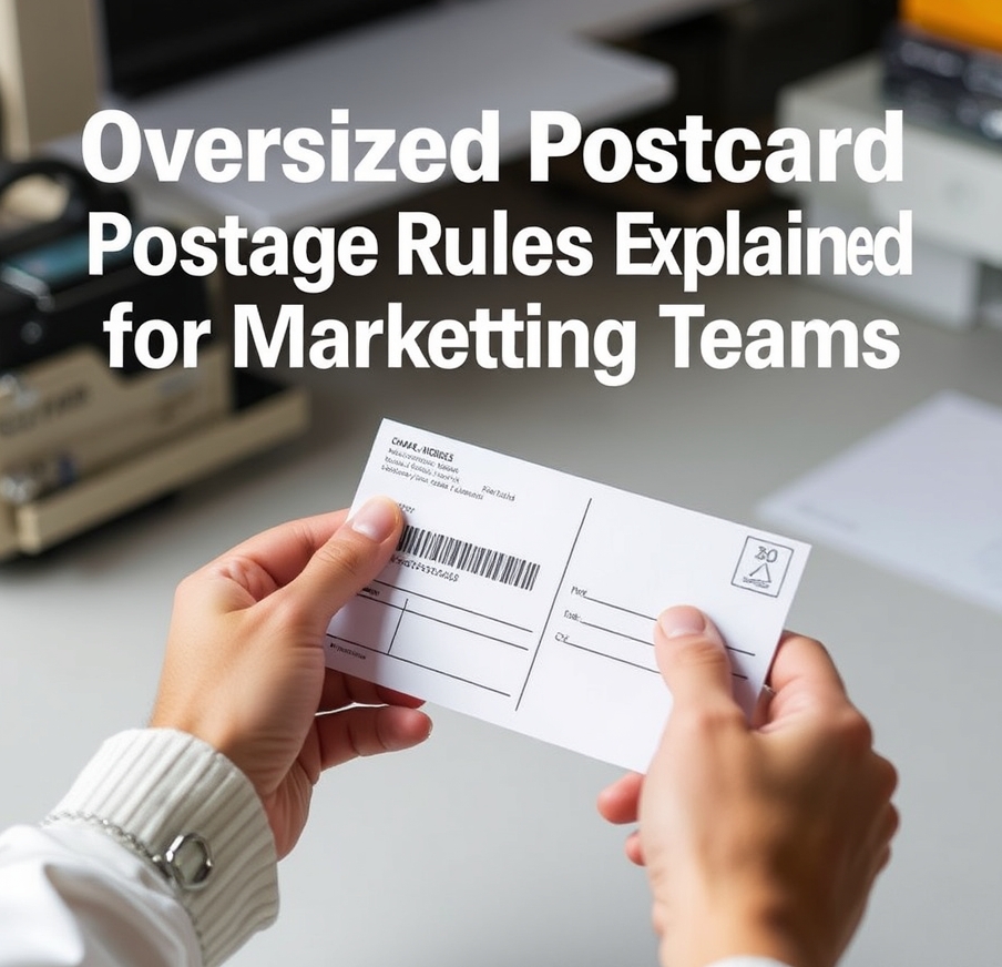 Oversized Postcard Postage Rules Explained for Marketing Teams: a hand preparing a postcard with address-side details and indicia area visible.