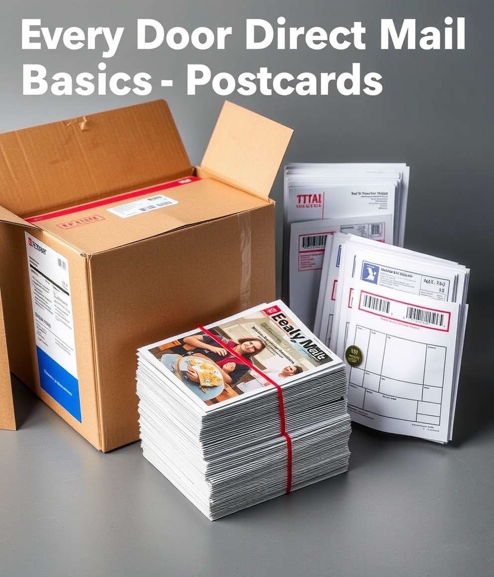 Every Door Direct Mail Basics For Postcards: The Practical Mailing Guide for Postcards: a stack of postcards bundled for mailing beside a shipping box and postal forms.