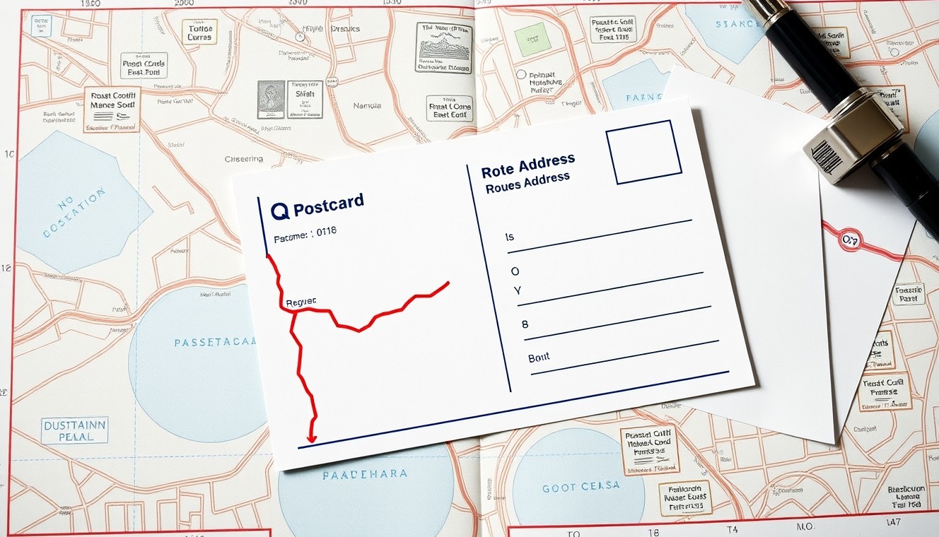 Return Address Rules On Postcards Rules Explained for Marketing Teams: a route map concept with a postcard sample and planning notes.