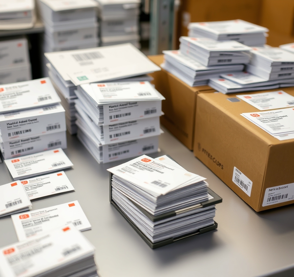 Return Address Rules On Postcards Rules Explained for Marketing Teams: a mail prep station with finished postcards, labels, and packing materials.