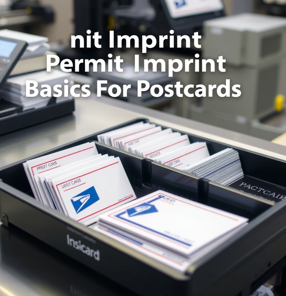 Permit Imprint Basics For Postcards: The Practical Mailing Guide for Postcards: a USPS tray holding postcard mail pieces at a counter.