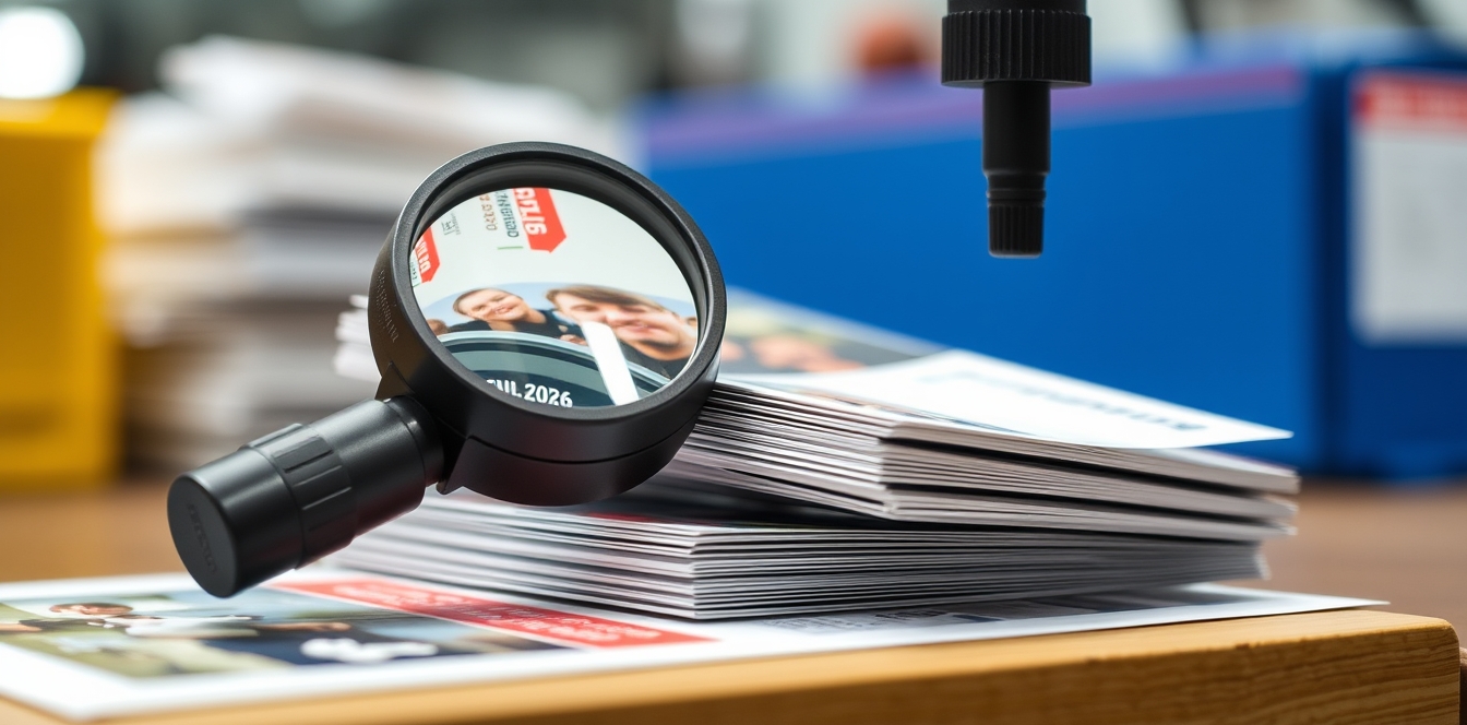 How to Handle Postcard Stocks That Survive USPS Handling Without USPS Mistakes: a postcard quality inspection with a loupe and sharp printed sample.