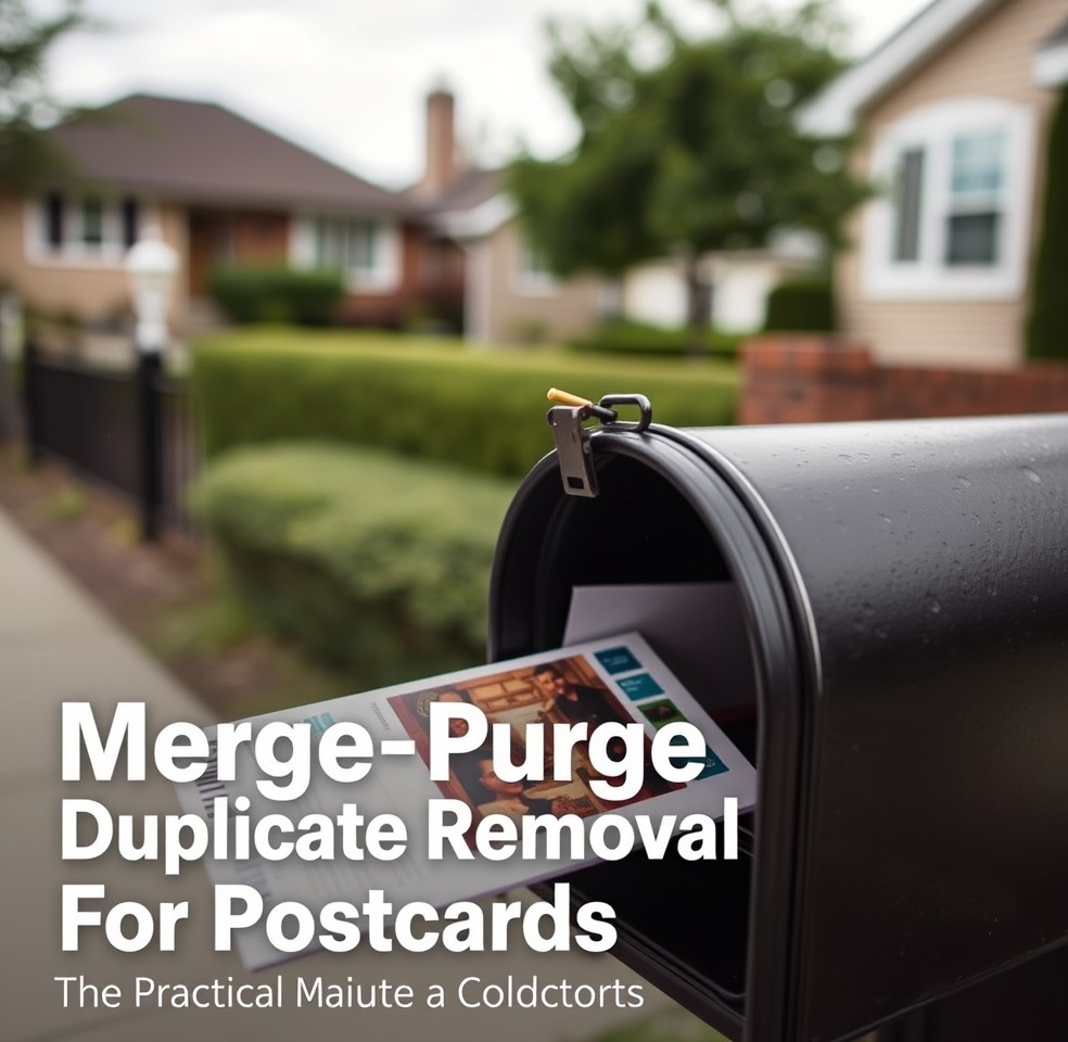 Merge Purge Duplicate Removal For Postcards: The Practical Mailing Guide for Postcards: a postcard going into a residential mailbox with a neighborhood background.