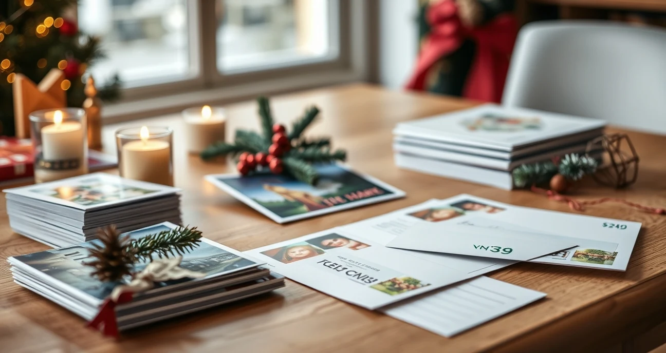 Seasonal Postal Deadline Planning For Postcards Rules Explained for Marketing Teams: holiday postcards arranged on a festive table with subtle seasonal props.