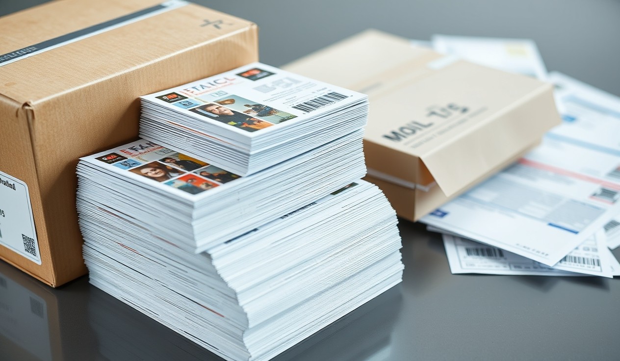 Mail House Vs Printer Fulfillment For Postcards: The Practical Mailing Guide for Postcards: a stack of postcards bundled for mailing beside a shipping box and postal forms.