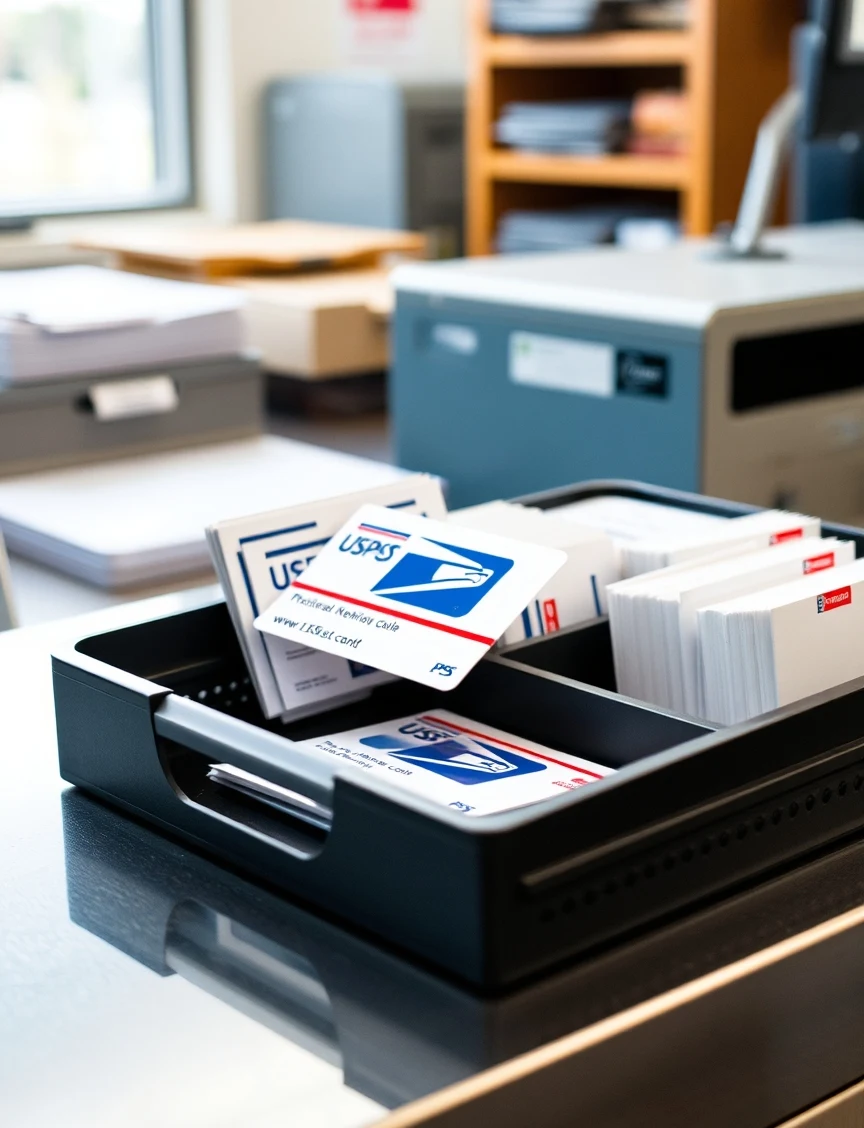 Mail House Vs Printer Fulfillment For Postcards: The Practical Mailing Guide for Postcards: a USPS tray holding postcard mail pieces at a counter.