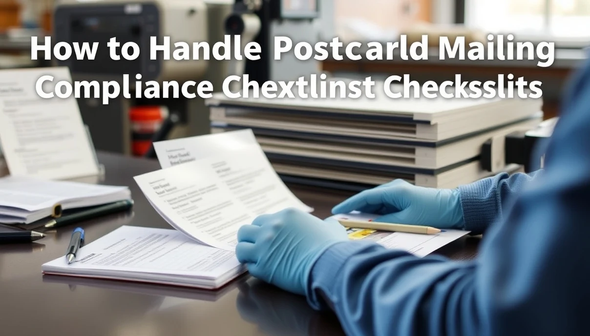 How to Handle Postcard Mailing Compliance Checklists Without USPS Mistakes: a reprint-prevention scene with notes, proofs, and a finished postcard.