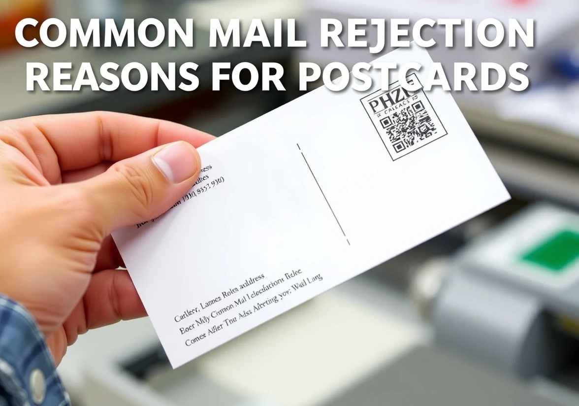 Common Mail Rejection Reasons For Postcards Rules Explained for Marketing Teams: a hand preparing a postcard with address-side details and indicia area visible.