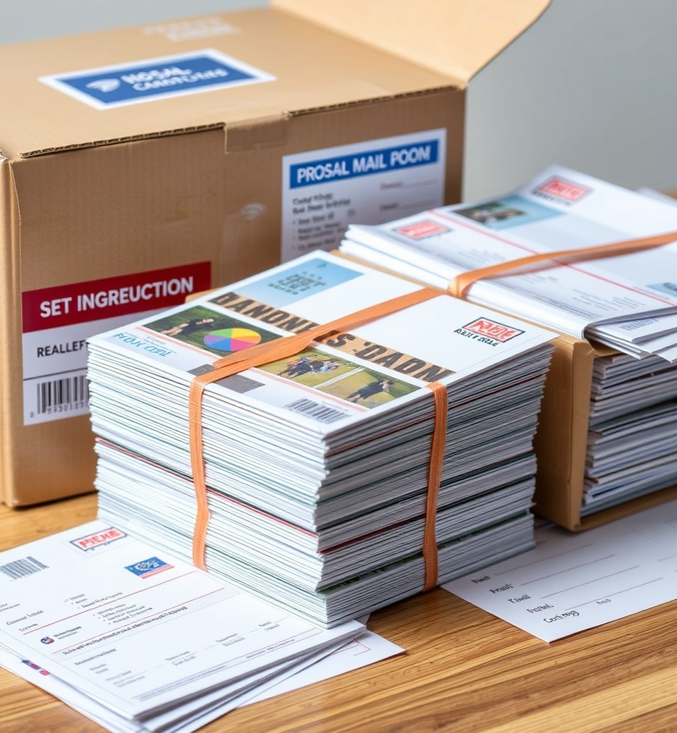 Common Mail Rejection Reasons For Postcards Rules Explained for Marketing Teams: a stack of postcards bundled for mailing beside a shipping box and postal forms.