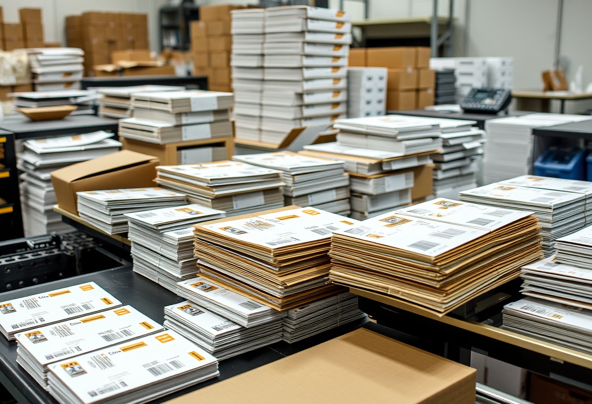 How Mailing Services Change Cheap Postcard Printing Decisions: The Practical Mailing Guide for Postcards: a mail prep station with finished postcards, labels, and packing materials.
