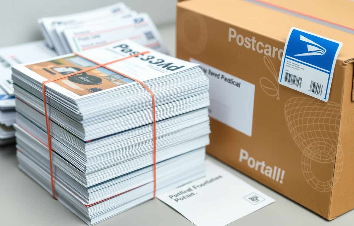 How EDDM Works For Postcards: The EDDM Postcard Playbook: a stack of postcards bundled for mailing beside a shipping box and postal forms.