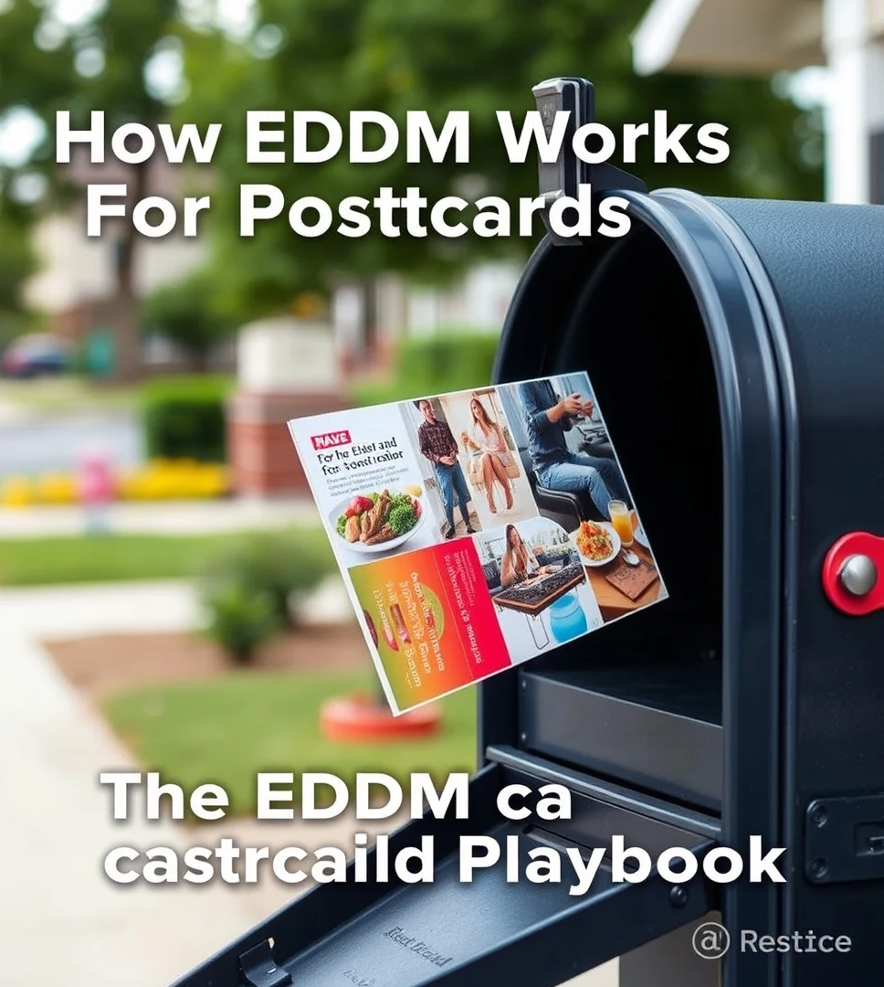 How EDDM Works For Postcards: The EDDM Postcard Playbook: a postcard going into a residential mailbox with a neighborhood background.