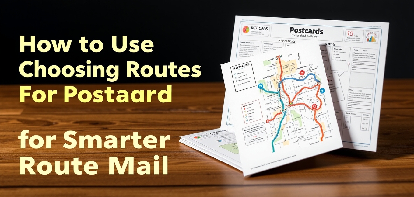 How to Use Choosing Carrier Routes For Postcards for Smarter Route Mail: a route map concept with a postcard sample and planning notes.