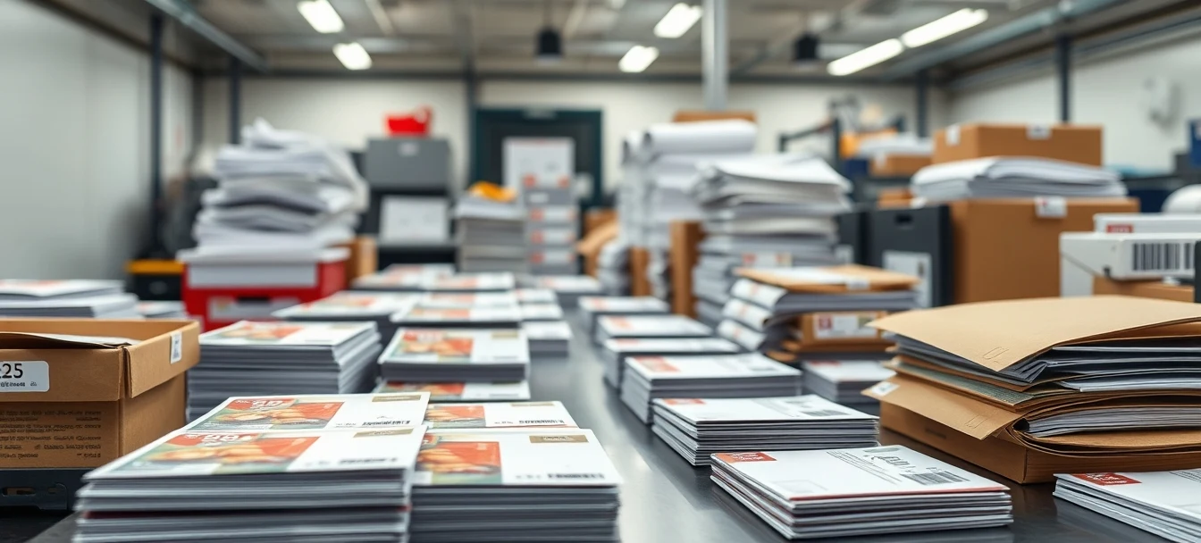 When Radius Based Local Postcard Campaigns Works Better Than Targeted Lists: a mail prep station with finished postcards, labels, and packing materials.