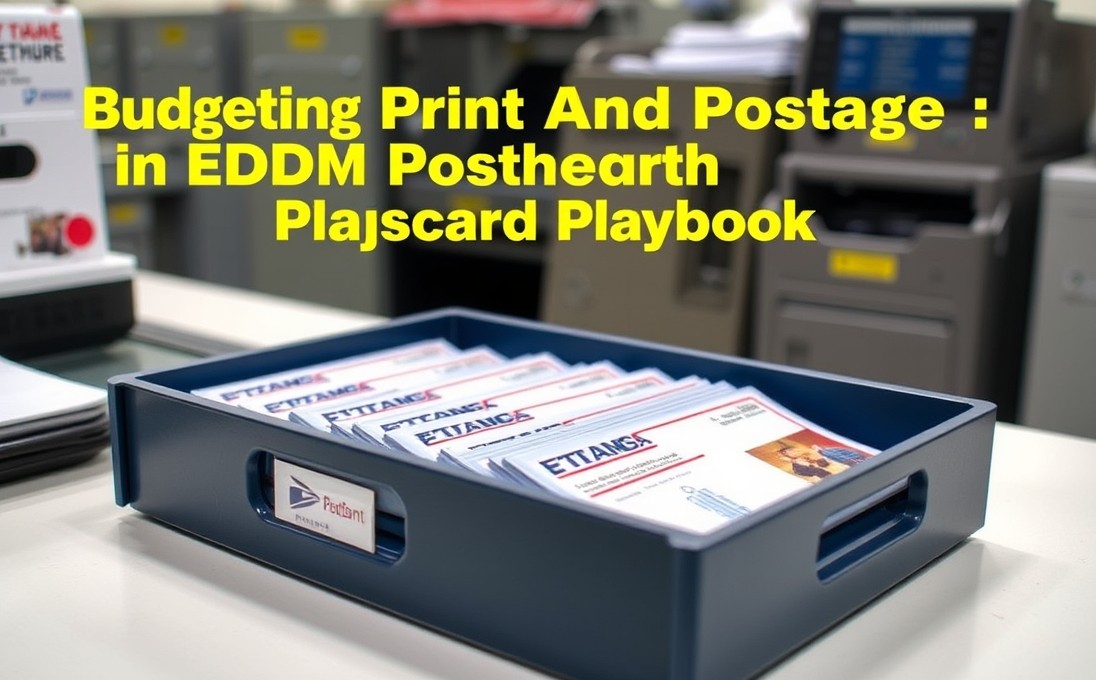 Budgeting Print And Postage In EDDM Postcards: The EDDM Postcard Playbook: a USPS tray holding postcard mail pieces at a counter.