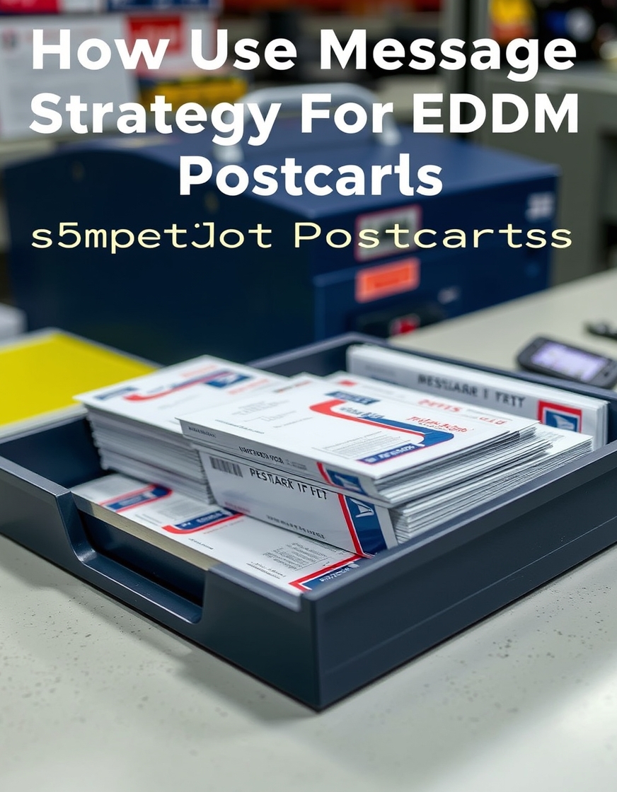 How to Use Message Strategy For EDDM Postcards for Smarter Route Mail: a USPS tray holding postcard mail pieces at a counter.