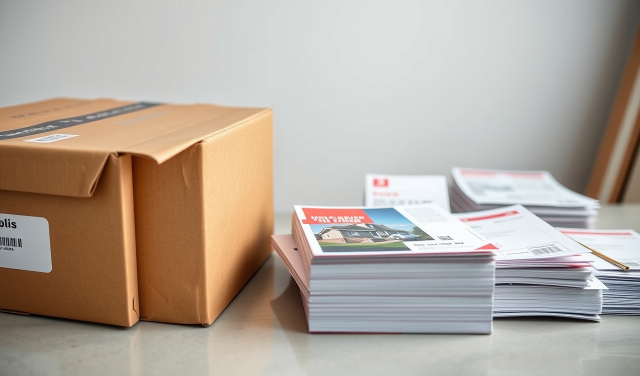 When Design Rules For EDDM Postcards Works Better Than Targeted Lists: a stack of postcards bundled for mailing beside a shipping box and postal forms.