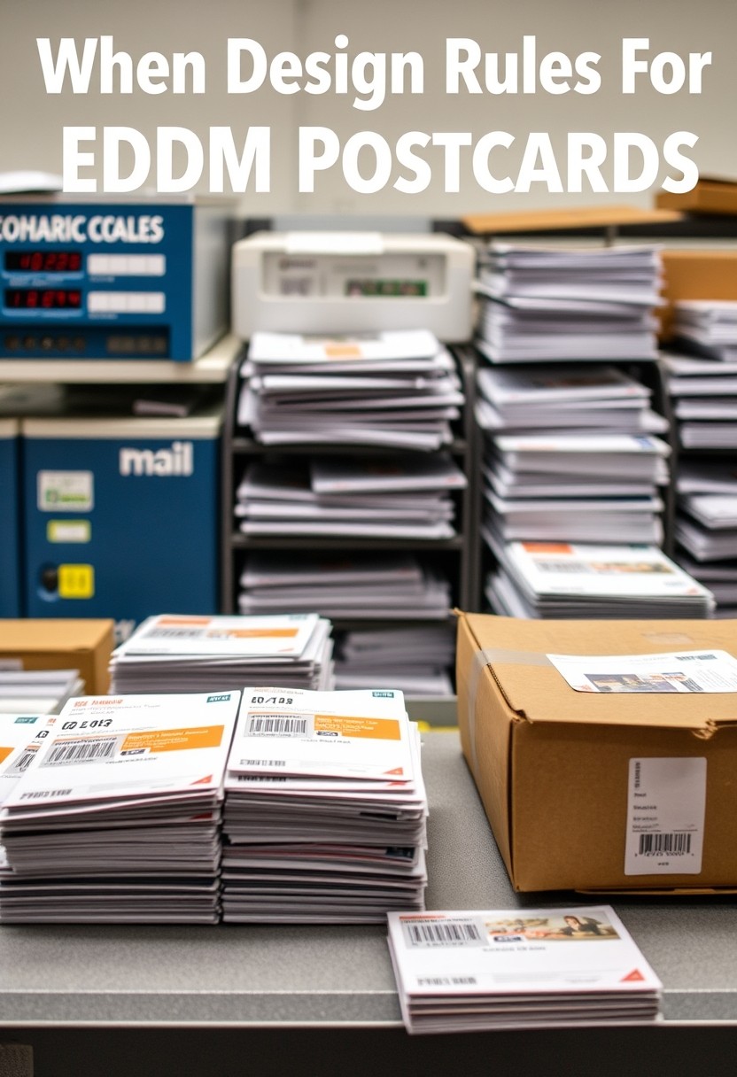 When Design Rules For EDDM Postcards Works Better Than Targeted Lists: a mail prep station with finished postcards, labels, and packing materials.