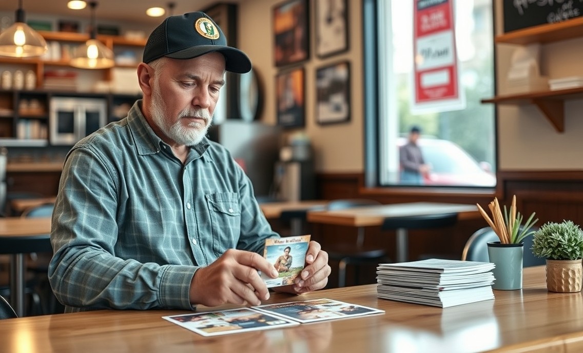 Restaurant EDDM Postcards: The EDDM Postcard Playbook: a restaurant owner arranging postcard samples near the business setting.
