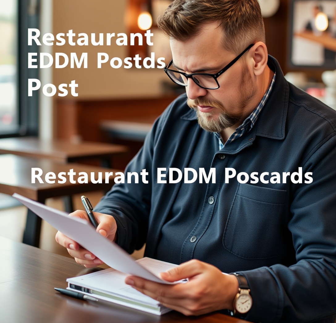 Restaurant EDDM Postcards: The EDDM Postcard Playbook: a restaurant owner checking a postcard mockup with a pen and paper notes.