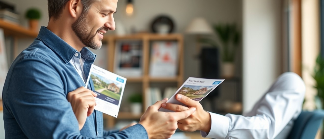 How to Use Real Estate Farm Area EDDM Postcards for Smarter Route Mail: a real estate agent comparing postcard layouts for a neighborhood promotion.