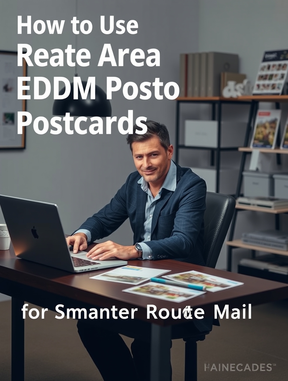 How to Use Real Estate Farm Area EDDM Postcards for Smarter Route Mail: a real estate agent planning a direct mail postcard at a workstation with a laptop and sample cards.