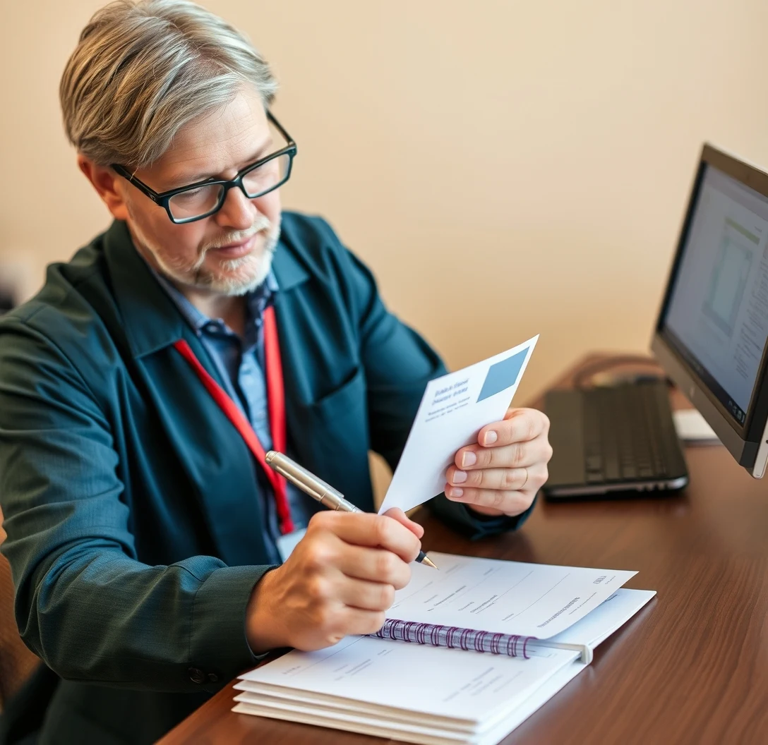 When Nonprofit Donation Route Postcards Works Better Than Targeted Lists: a nonprofit coordinator checking a postcard mockup with a pen and paper notes.