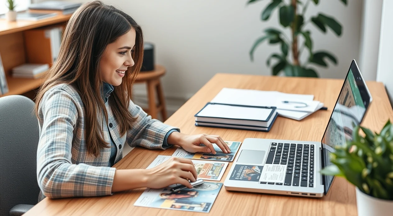 Church Event EDDM Postcards: The EDDM Postcard Playbook: a event planner planning a direct mail postcard at a workstation with a laptop and sample cards.