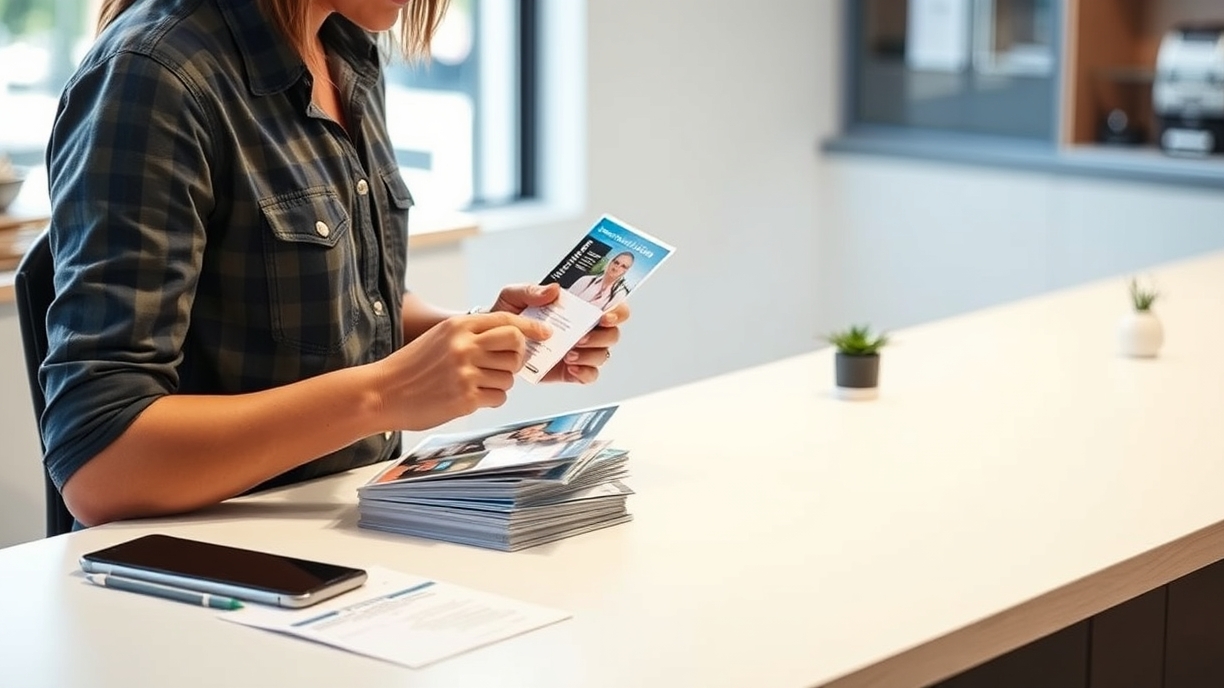 Church Event EDDM Postcards: The EDDM Postcard Playbook: a event planner reviewing postcard samples on a clean counter with local campaign notes.
