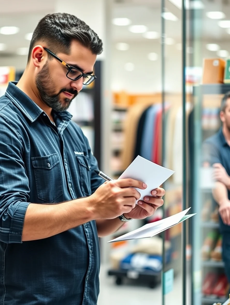 How to Use Retail Grand Opening EDDM Postcards for Smarter Route Mail: a retail manager checking a postcard mockup with a pen and paper notes.