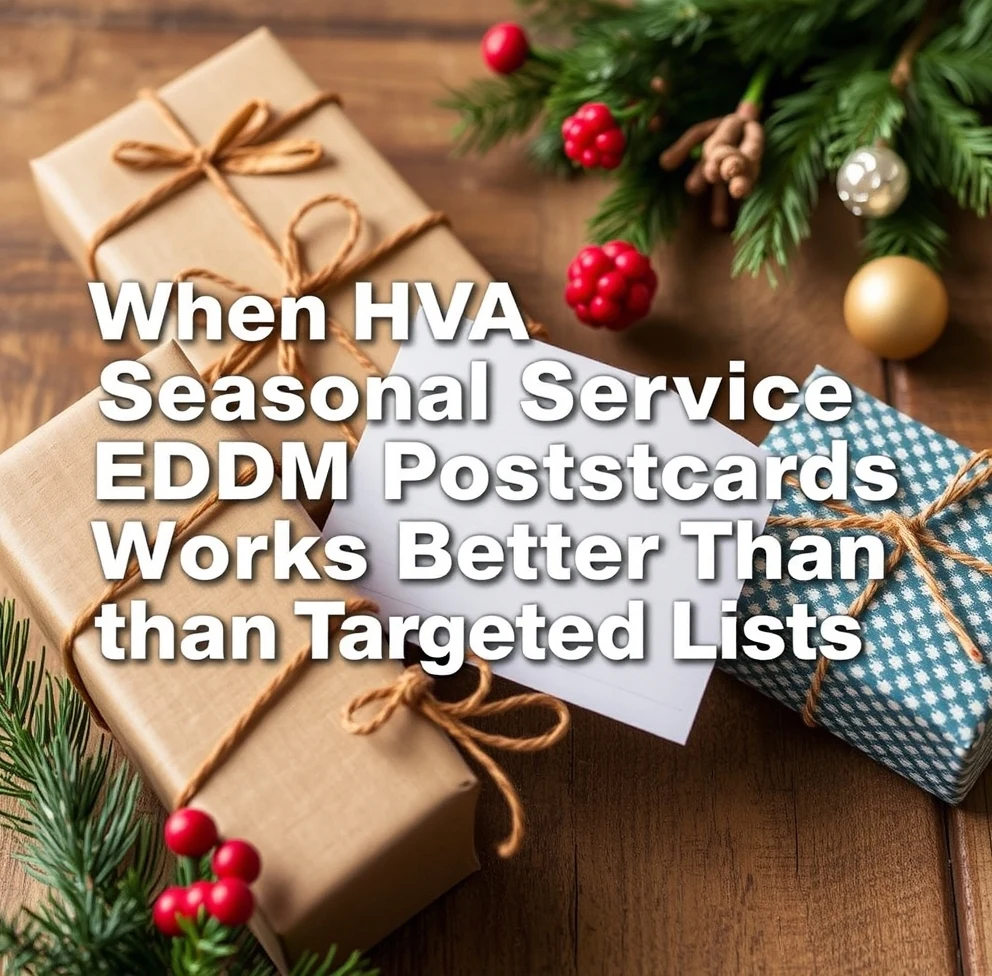 When HVAC Seasonal Service EDDM Postcards Works Better Than Targeted Lists: a seasonal mailer set with wrapped gifts, flowers, or holiday greenery.