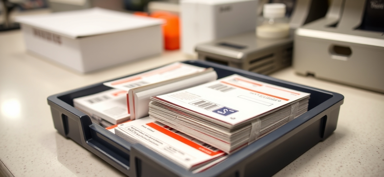 Dental Recall EDDM Postcards: The EDDM Postcard Playbook: a USPS tray holding postcard mail pieces at a counter.