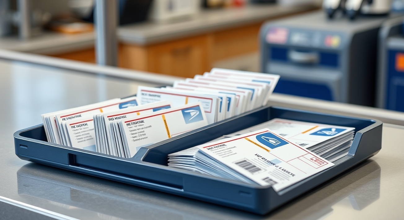 How to Use Gym Membership EDDM Postcards for Smarter Route Mail: a USPS tray holding postcard mail pieces at a counter.