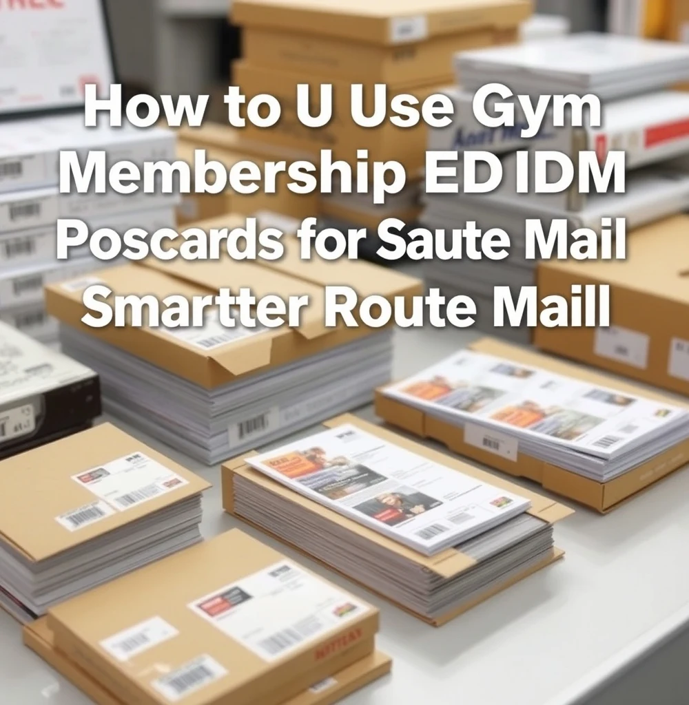 How to Use Gym Membership EDDM Postcards for Smarter Route Mail: a mail prep station with finished postcards, labels, and packing materials.