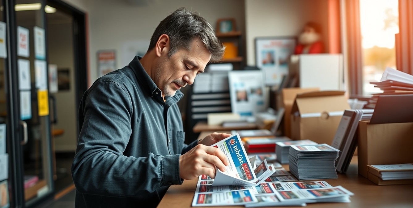 When Political Awareness EDDM Postcards Works Better Than Targeted Lists: a campaign organizer arranging postcard samples near the business setting.