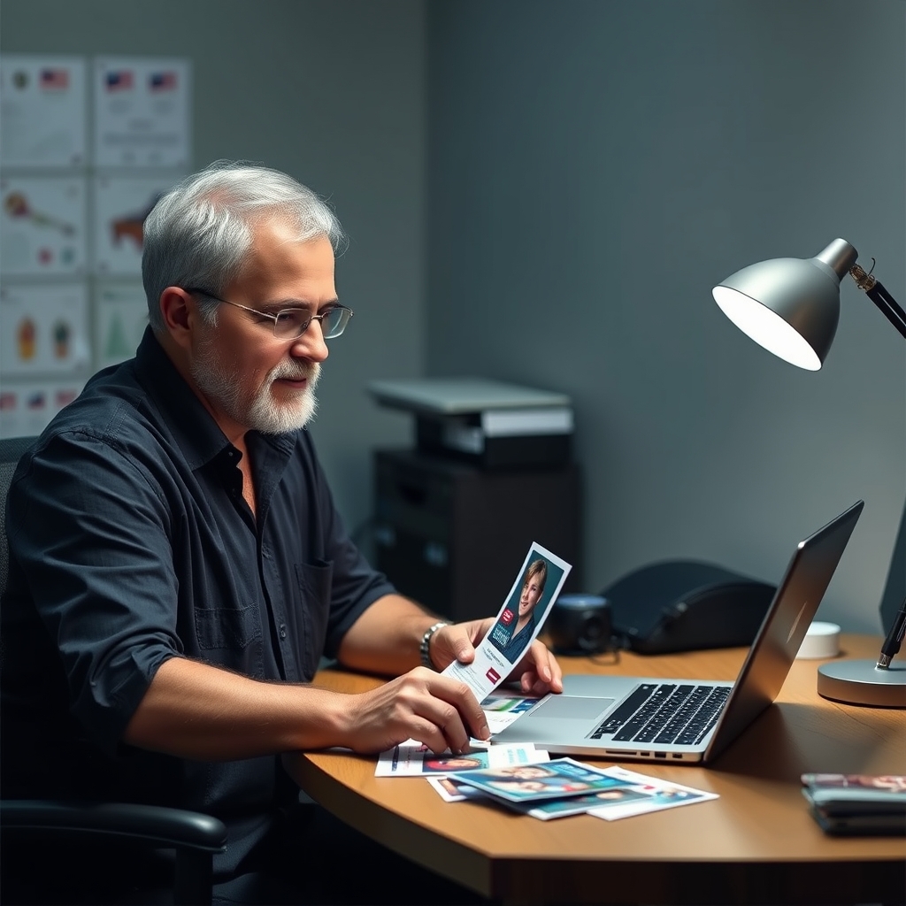 When Political Awareness EDDM Postcards Works Better Than Targeted Lists: a campaign organizer planning a direct mail postcard at a workstation with a laptop and sample cards.