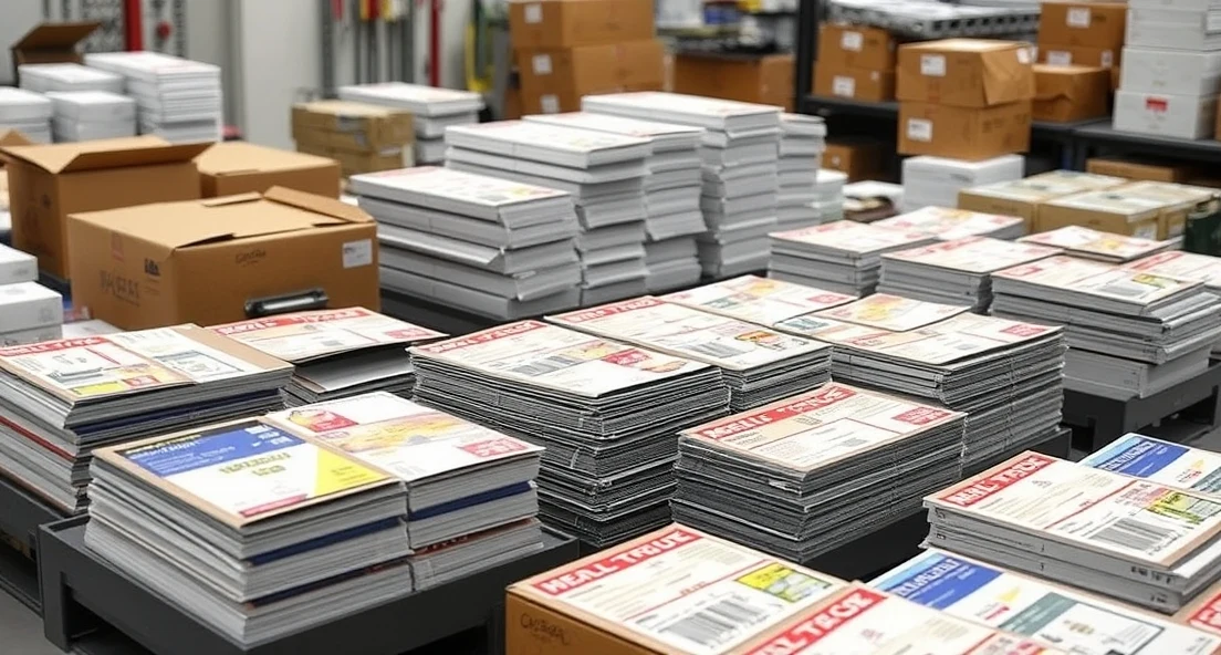 Frequency Planning Across Neighborhood Routes: The EDDM Postcard Playbook: a mail prep station with finished postcards, labels, and packing materials.