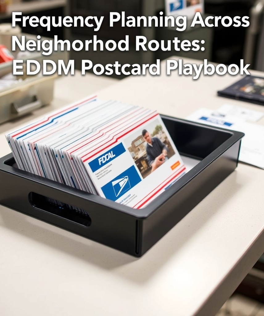 Frequency Planning Across Neighborhood Routes: The EDDM Postcard Playbook: a USPS tray holding postcard mail pieces at a counter.