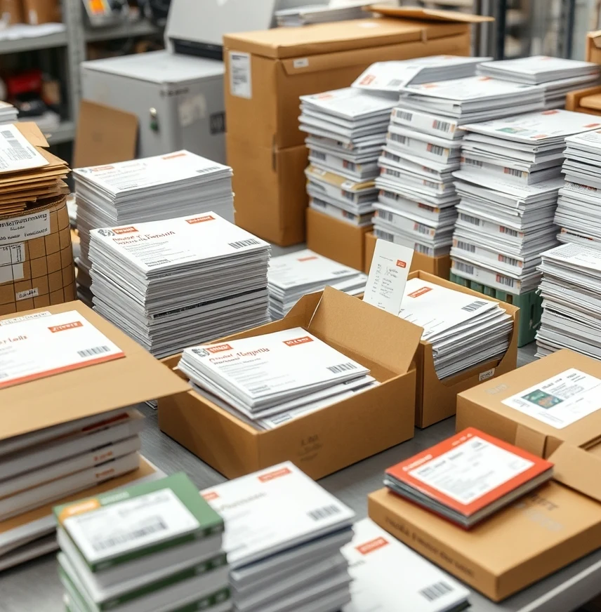 Oversized Formats In EDDM Postcards: The EDDM Postcard Playbook: a mail prep station with finished postcards, labels, and packing materials.