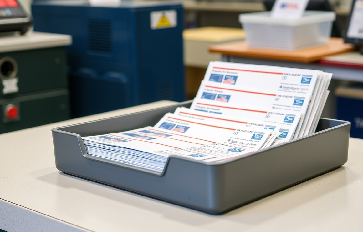 How to Use Bundling And Paperwork For EDDM Postcards for Smarter Route Mail: a USPS tray holding postcard mail pieces at a counter.