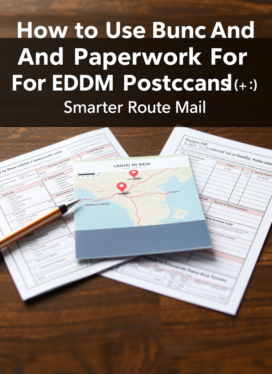 How to Use Bundling And Paperwork For EDDM Postcards for Smarter Route Mail: a route map concept with a postcard sample and planning notes.