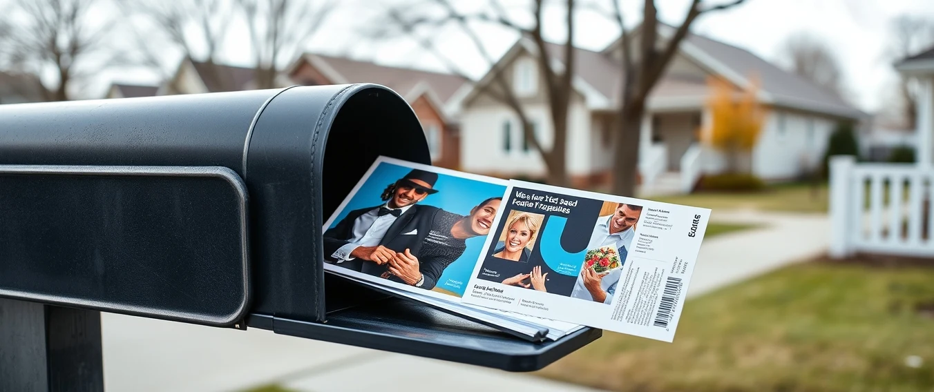 List Based Vs Route Based Postcard Campaigns: The EDDM Postcard Playbook: a postcard going into a residential mailbox with a neighborhood background.
