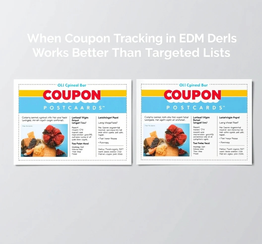 When Coupon Tracking In EDDM Postcards Works Better Than Targeted Lists: an A/B test comparison layout with two postcard designs side by side.