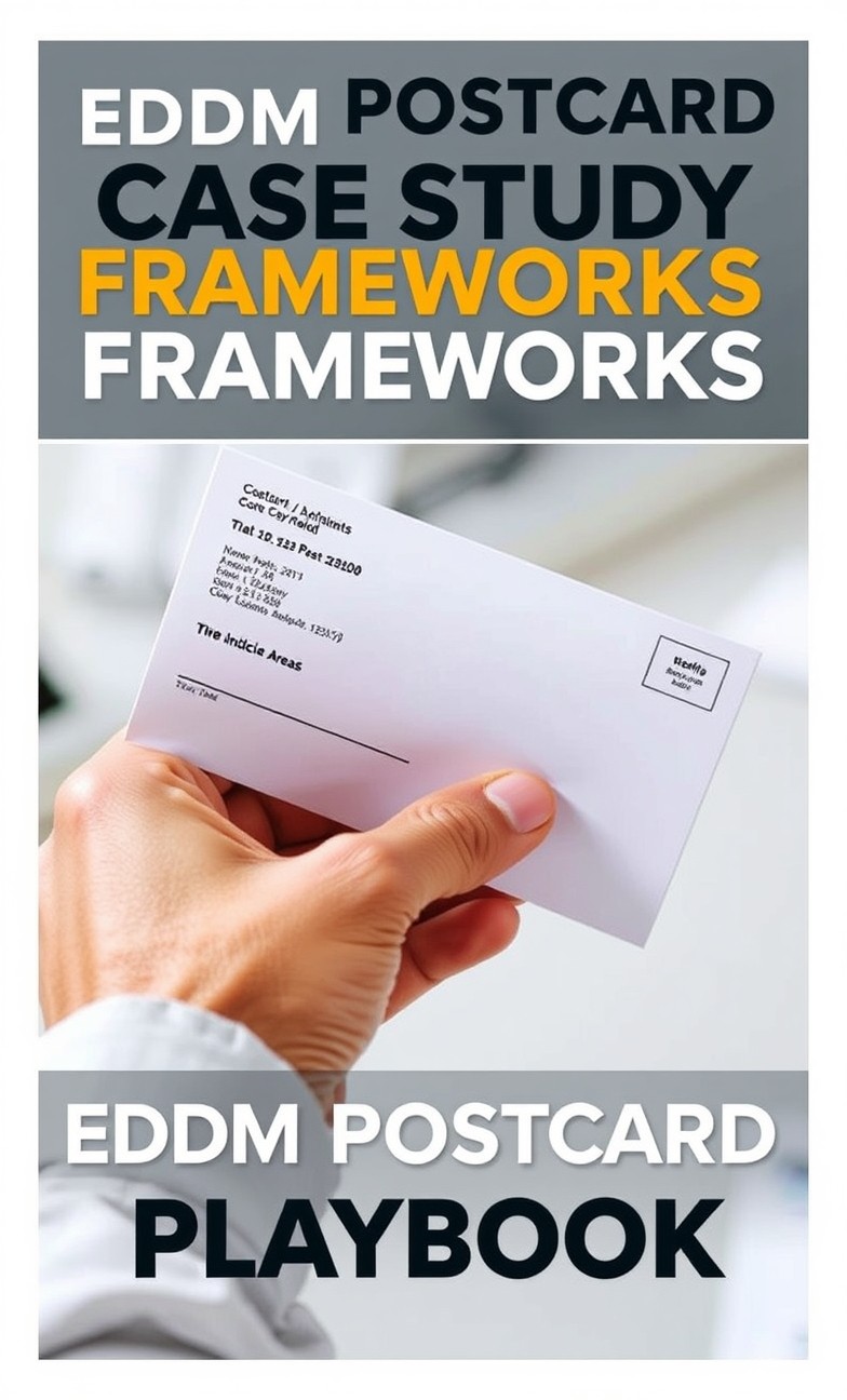 EDDM Postcard Case Study Frameworks: The EDDM Postcard Playbook: a hand preparing a postcard with address-side details and indicia area visible.